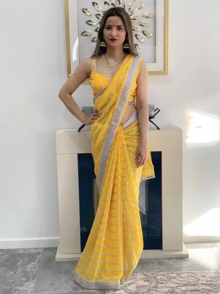 Yellow Color Saree With Embroidery Foil Paper Mirror on Georgette Fabric