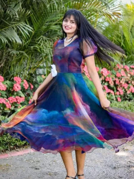 Designer Party Wear Look Multicolor Organza Western Dress With Flower Butta