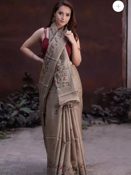 Brown Soft Cotton Handloom Silk Saree with Ajrakh Print Rich Contrast Pallu