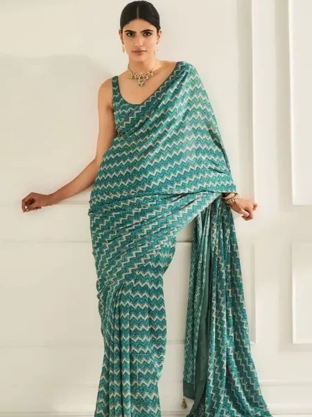 Rama Color Georgette Crochet Saree With Zig Zag Digital Print and Sequence
