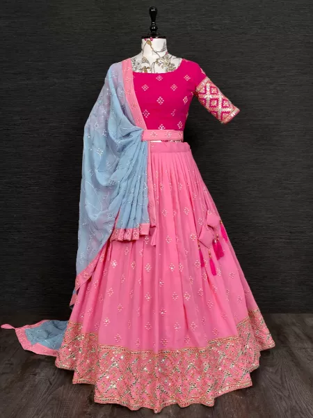 Beautiful Pink Lehenga Choli in Georgette With Paper Mirror, Thread and Sequins Embroidery