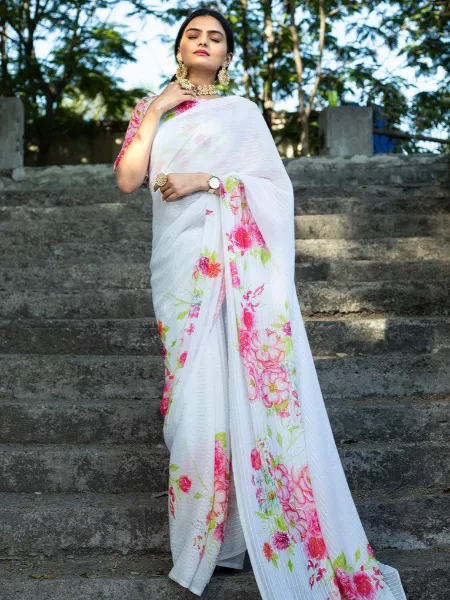 White Premium Georgette Saree With Digital Print and Sequence Work