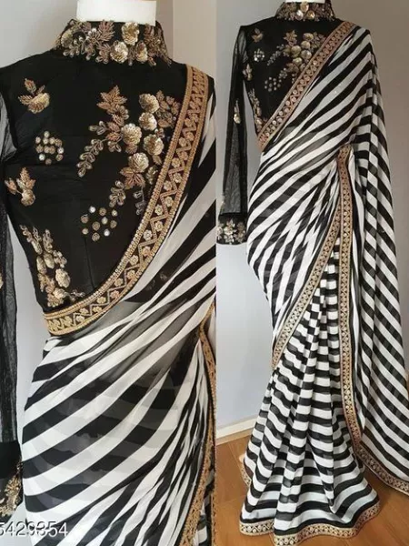 Black and White Color Georgette Printed Beautiful Indian Designer Partywear Saree