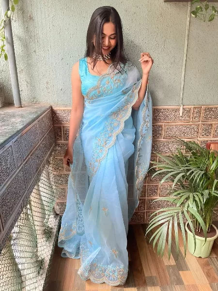 Sky Blue Soft Organza Saree With Sequence and Thread Work