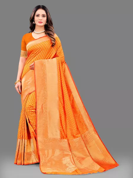 Orange Banarasi Handloom Saree With Viral Zari Buti and Big Zari Weaved Border