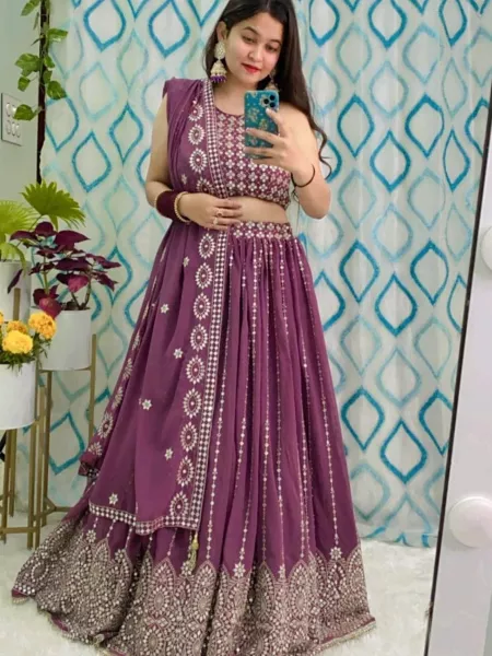 Wine Color Wedding Lehenga Choli in Georgette With Heavy Sequence Embroidery