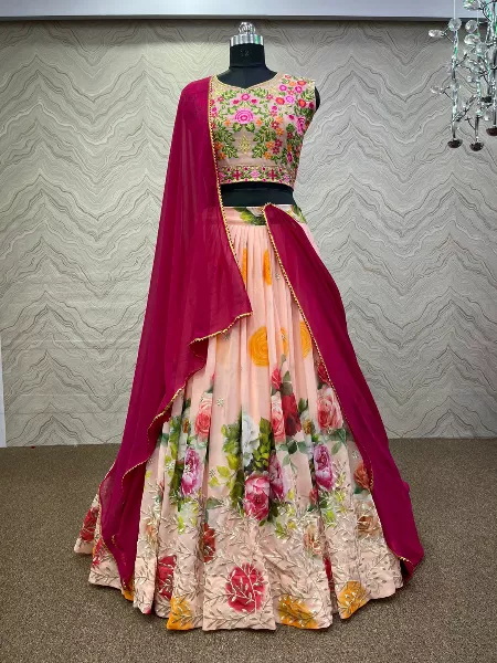 Peach Color Georgette Lehenga Choli With Fancy Digital Print and Embroidery