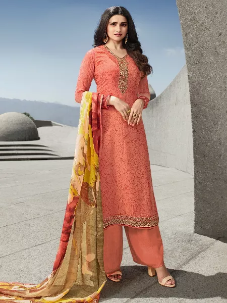 Prachi Desai Bollywood Salwar Suit in Peach Multi Thread Zari Embroidery and Stone Work With Dupatta