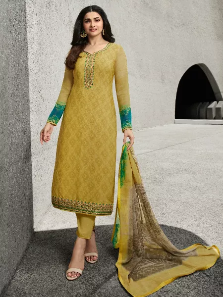 Prachi Desai Bollywood Salwar Suit in Yellow Multi Thread Zari Embroidery and Stone Work With Dupatta