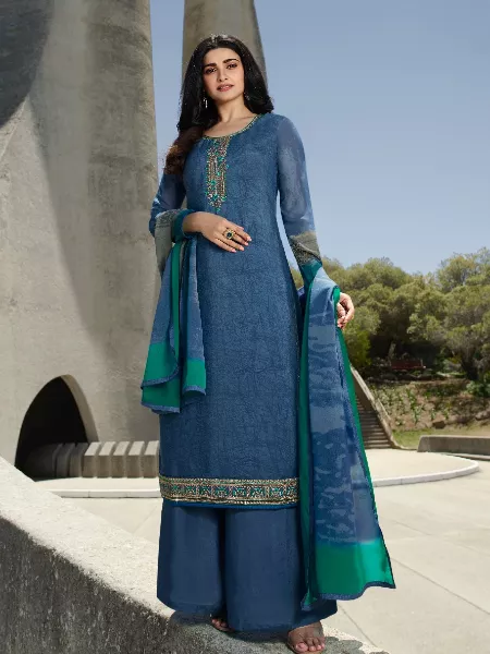 Prachi Desai Bollywood Salwar Suit in Blue Multi Thread Zari Embroidery and Stone Work With Dupatta