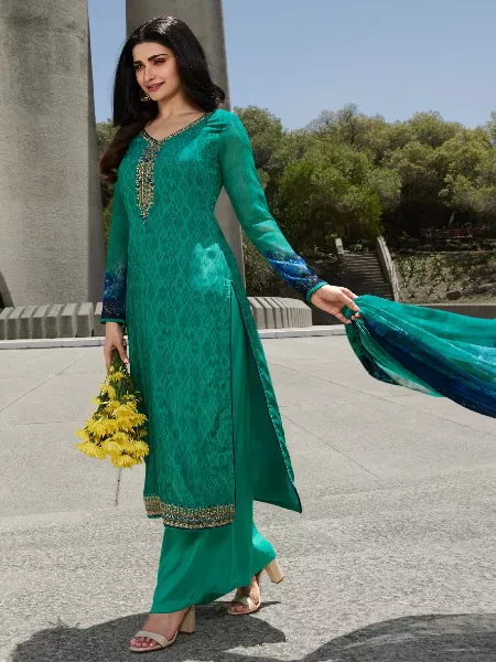 Prachi Desai Bollywood Salwar Suit in Green Multi Thread Zari Embroidery and Stone Work With Dupatta