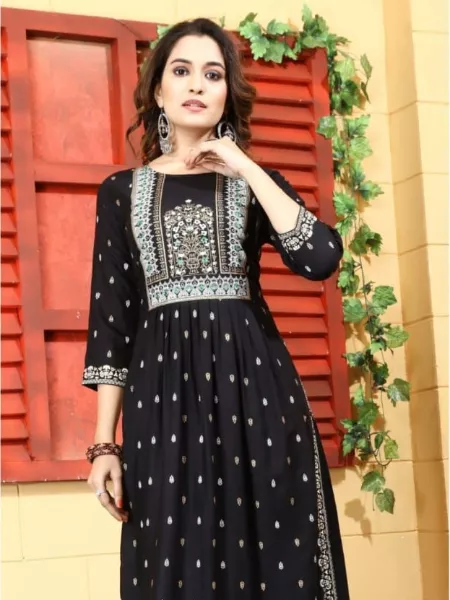Black Plus Size Rayon Kurta With Foil Print and Embroidery Mirror Work