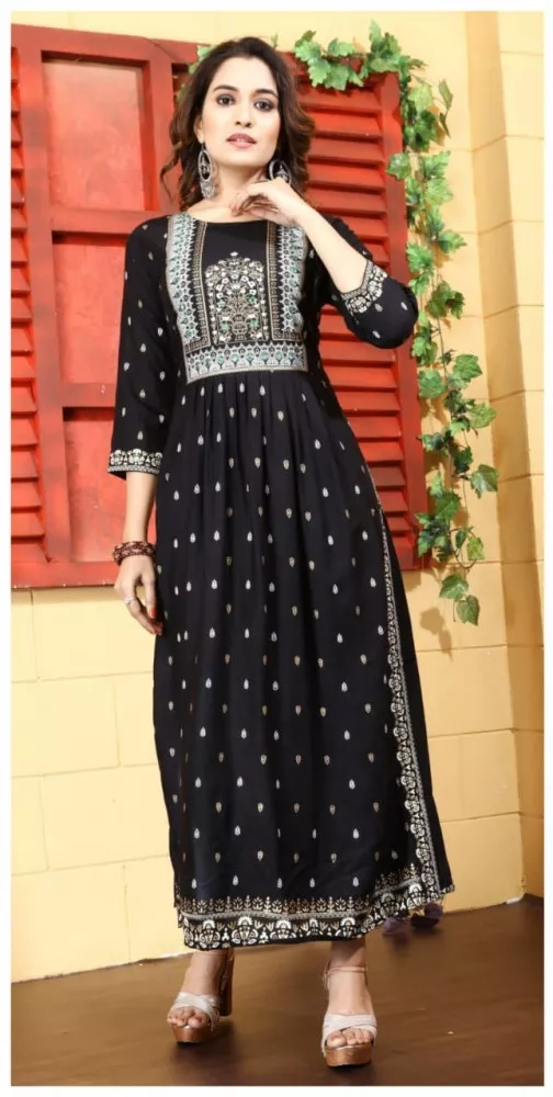 Beige and black rayon kurta with embroidery 