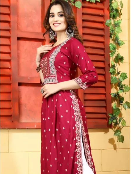 Maroon Plus Size Rayon Kurta With Foil Print and Embroidery Mirror Work