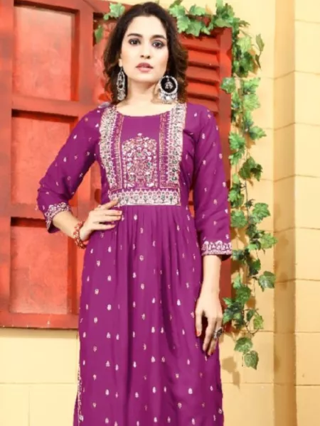 Wine Plus Size Rayon Kurta With Foil Print and Embroidery Mirror Work