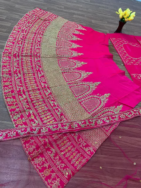 Pink Satin Silk Wedding Lehenga Choli With Heavy Coding Embroidery Work