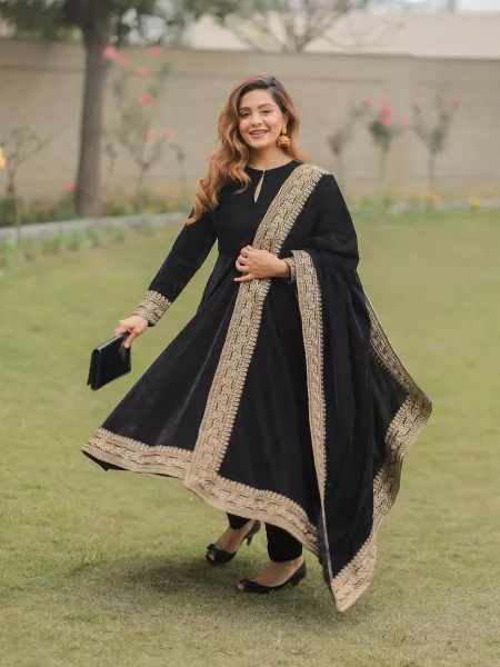 Eid Festival Designer Salwar Suit in Black Malai Satin With Dupatta