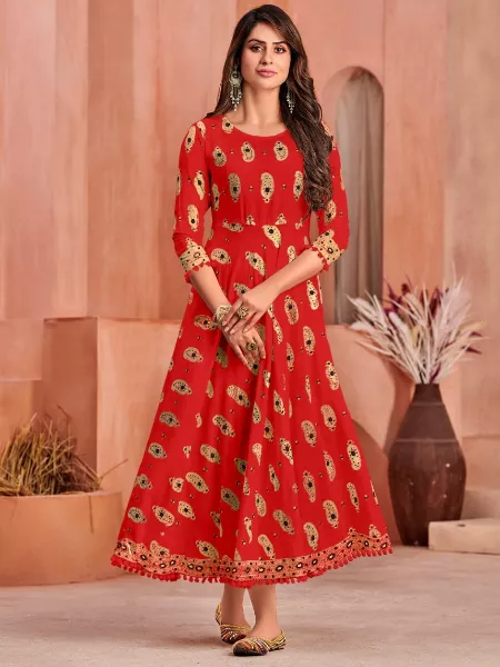 Red Color Plus Size Gown in Anarkali Style Rayon With Foil Print