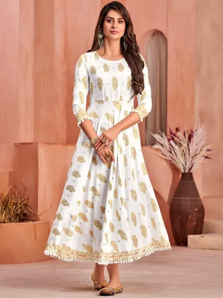 White Color Plus Size Gown in Anarkali Style Rayon With Foil Print