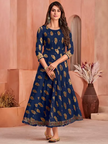 Blue Color Plus Size Gown in Anarkali Style Rayon With Foil Print