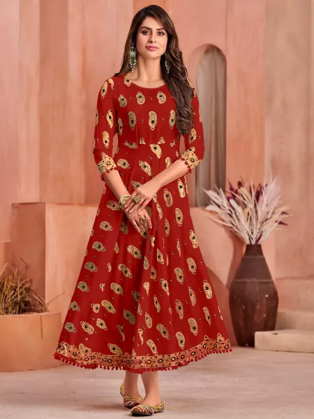 Maroon Color Plus Size Gown in Anarkali Style Rayon With Foil Print