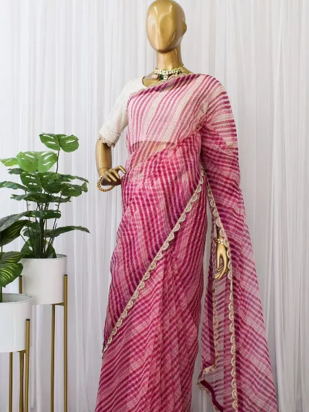 Pink Georgette Saree With Laheriya Print and Pearl Lace With Thread Work Blouse