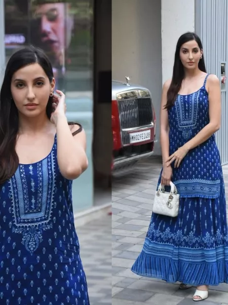Nora Fatehi Palazzo Suit in Blue Chinon Silk With Digital Print Bollywood Collection