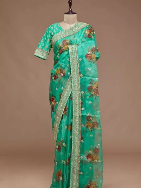 Green Organza Saree With Beautiful Print and Embroidery Work With Blouse