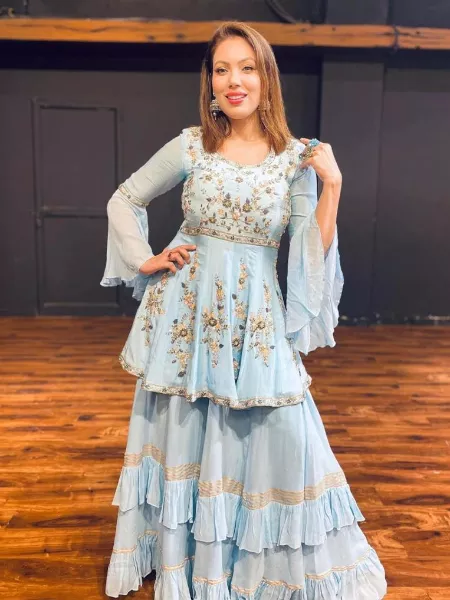 Munmun Dutta Bollywood Top Sharara Palazzo Set in Sky Blue Color With Embroidery Work