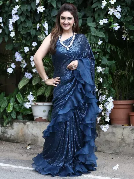Blue Color Party Wear Saree With Sequence Work and Ruffle Border