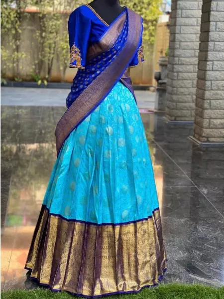 Sky Blue Kanjivaram Silk Half Saree Lehenga Choli With Blouse and Dupatta South Indian Wedding Lehenga