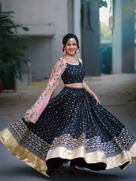 Black Readymade Lehenga Choli in Georgette With 9 MM Sequence Work and Dupatta