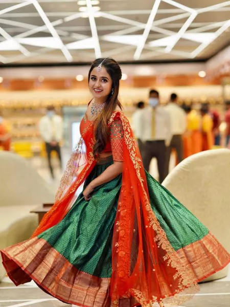 Green Kanjivaram Silk Half Saree Lehenga Choli With Blouse and Dupatta South Indian Wedding Lehenga