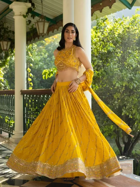 Yellow color designer lehenga choli for haldi function – Joshindia