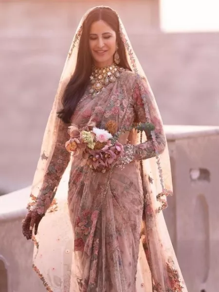 Katrina Kaif Wedding Saree in Dusty Lavender Net Fabric With Embroidery Work