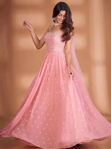 Gorgeous Baby Pink Color Embroidery Work Party Wear Gown