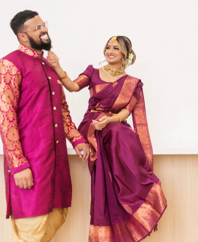 South Indian Wedding Couple Standing Wearing Silk Saree And Veshti, South  Indian, Man And Woman, Silk PNG and Vector with Transparent Background for  Free Download