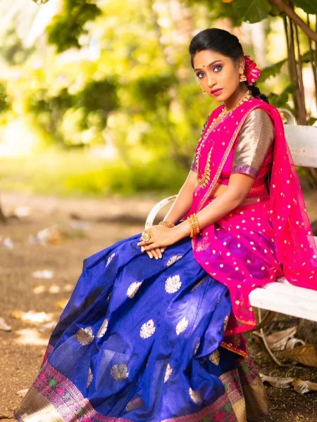 Blue Kanchipuram Silk Half Saree Lehenga Choli for South Indian Wedding