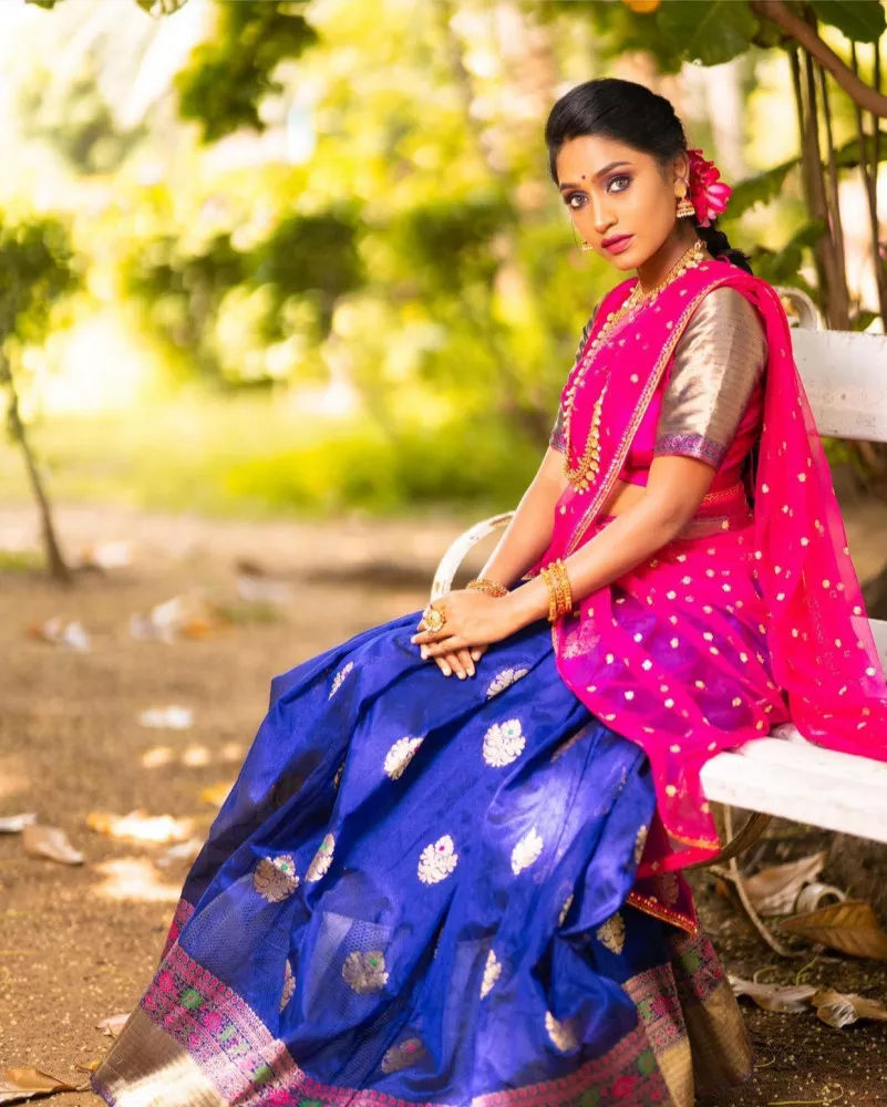 Watch this reel by anjushankarofficial on Instagram | Half saree, Lehenga  saree design, Half saree lehenga