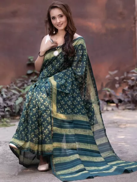 Green Soft Cotton Handloom Silk Saree With Ajrakh Print Rich Contrast Pallu