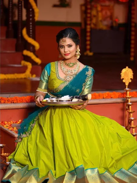 Lemon Green Designer Kanjivaram Silk Half Saree Lehenga Pure Zari Weaving South Indian Wedding Lehenga With Blouse and Dupatta