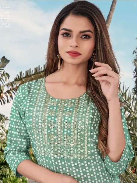 Pista Color Party and Daily Wear Kurta Set With Digital Print and Sequence