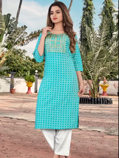 Sky Color Party and Daily Wear Kurta Set With Digital Print and Sequence