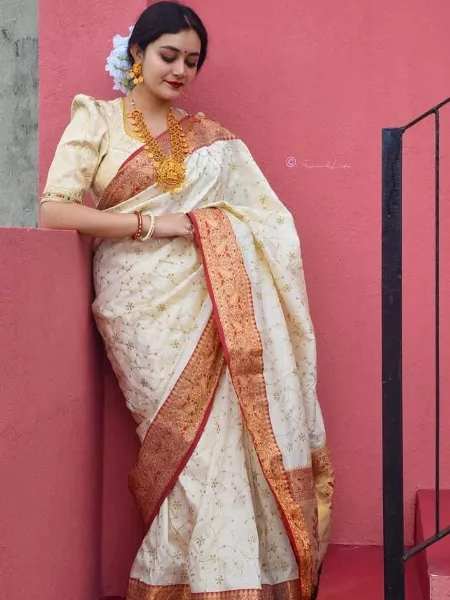 White Kanchivaram Silk Saree with Red Jacquard Border and Blouse for Wedding