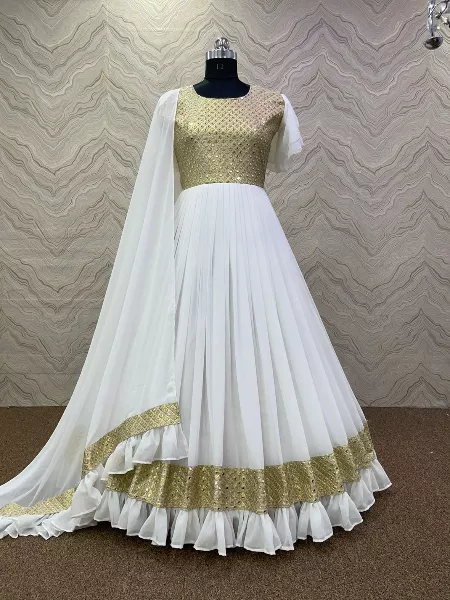 White Designer Party Wear Georgette Gown With 9 MM Sequence Work and Dupatta
