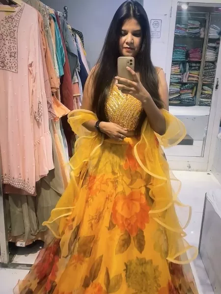 Yellow Organza Net Lehenga Choli With Digital Print and Can Can With Dupatta