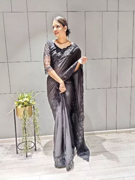 Black Premium Satin Georgette Saree with Sequence Multi Work and Blouse