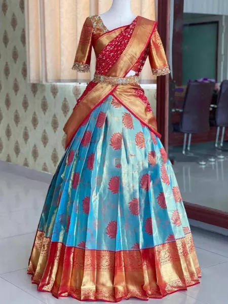Sky Blue Pavadai Thavani for Women's Wedding With Dupatta and Blouse