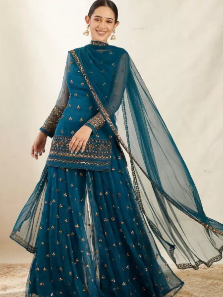 Eid Festival Designer Sharara Suit in Teal Net With Embroidery and Dupatta