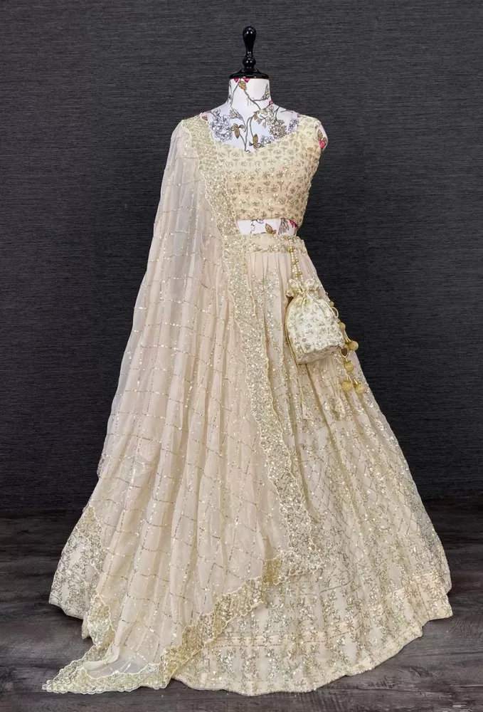 Bridal White Pure Sequin Silk Lehenga Gown SFINSB79 – ShreeFashionWear
